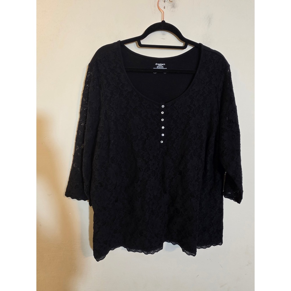 Dressbarn Woman Black Lace 3/4 Sleeve Henley Blouse Top Plus Size 2X